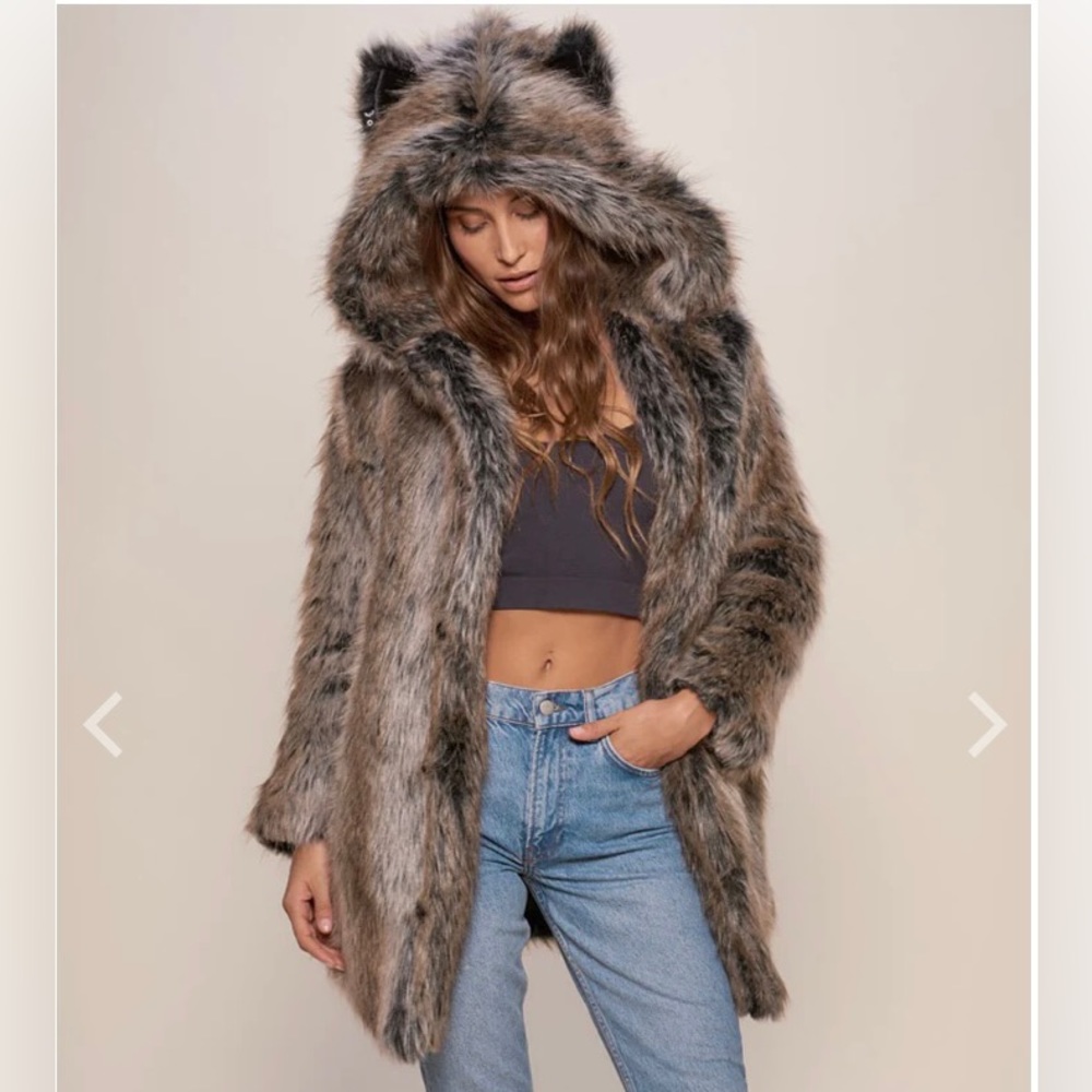 Spirit Hoods Grey Wolf Faux Fur Hooded Jacket Made in LA Oversized Large